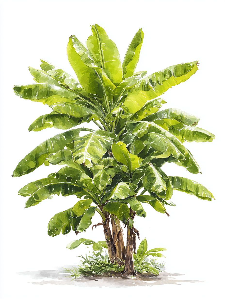 Watercolor illustration of a banana tree, Musa acuminata