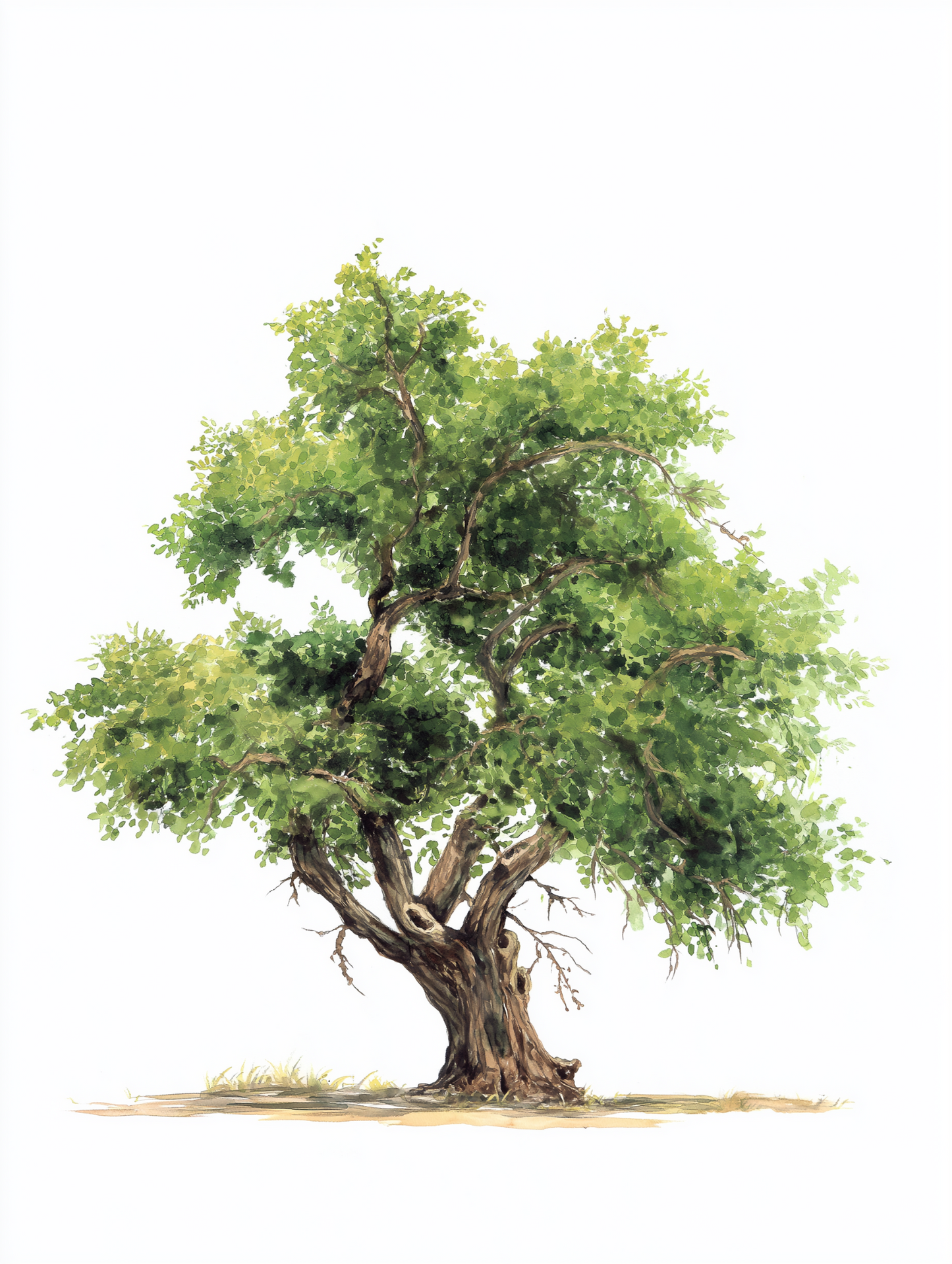 Watercolor illustration of a leafy carob tree, Ceratonia siliqua