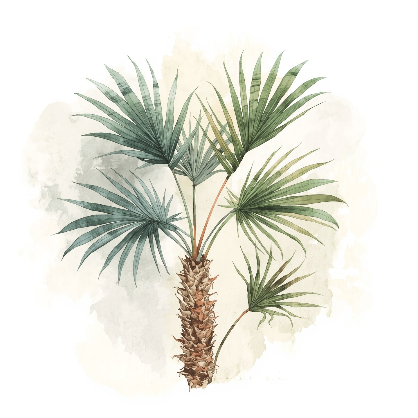 Botanical watercolor illustration of a European fan palm, Chamaerops humilis