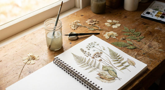A sunlit studio desk with an open sketchbook of hand-drawn botanical illustrations surrounded by pressed plants, ink pens, and watercolor tools in warm natural light.