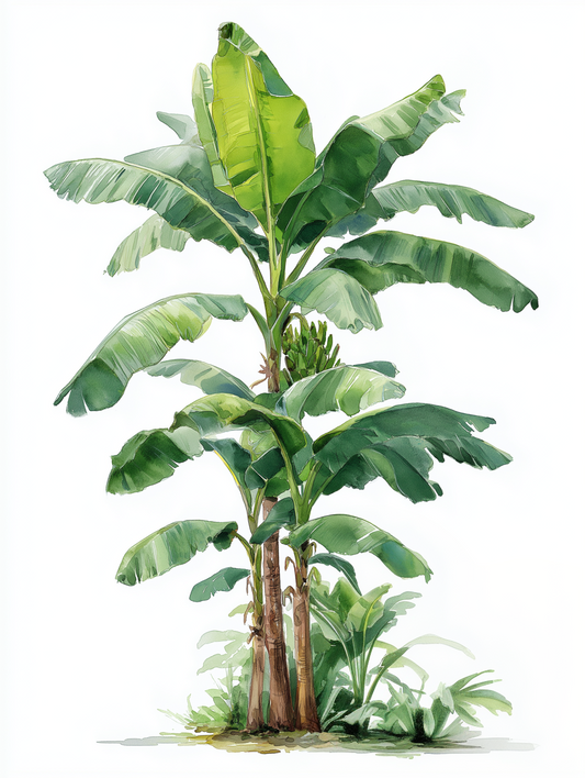 Watercolor illustration of a banana tree with broad green leaves, Musa acuminata