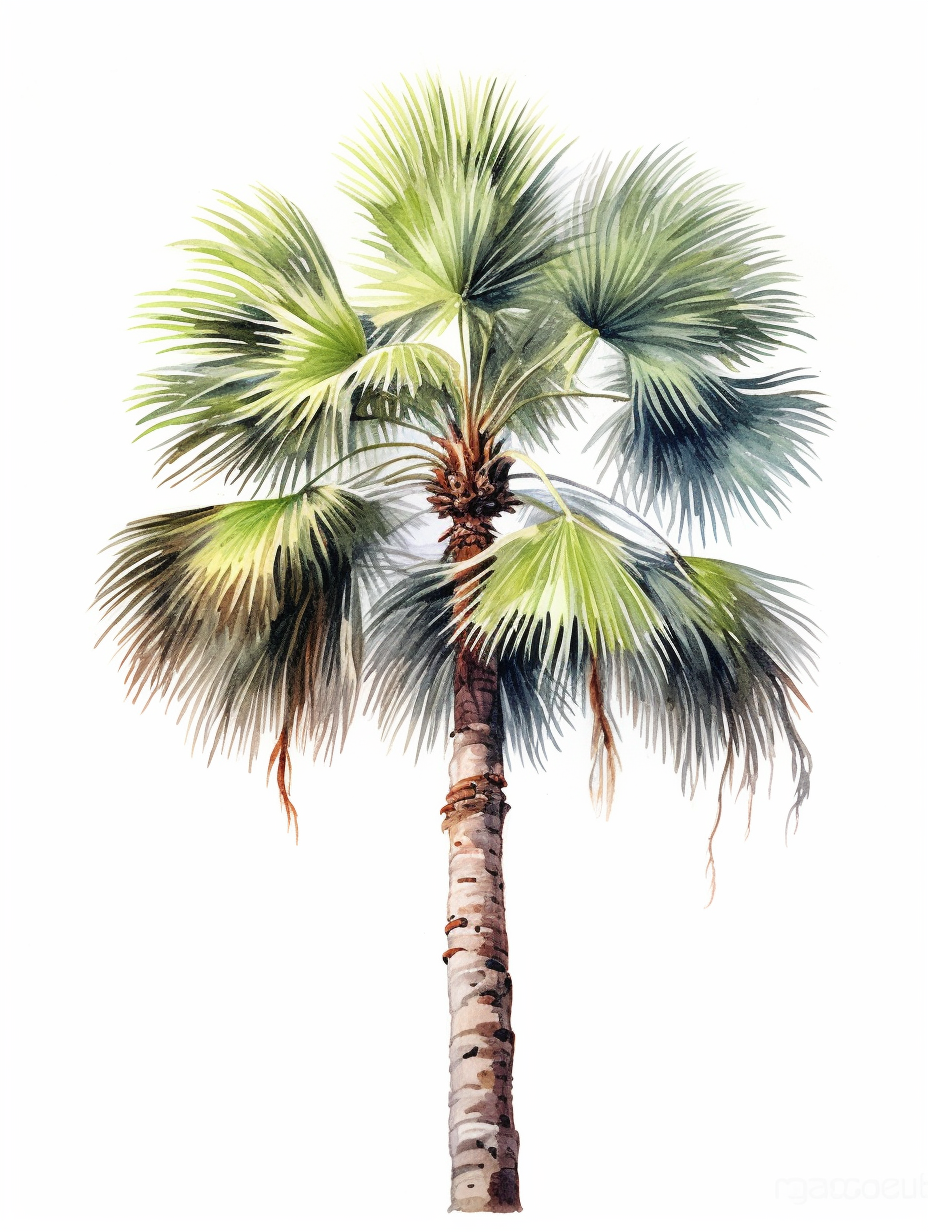 Watercolor illustration of a California fan palm, Washingtonia filifera