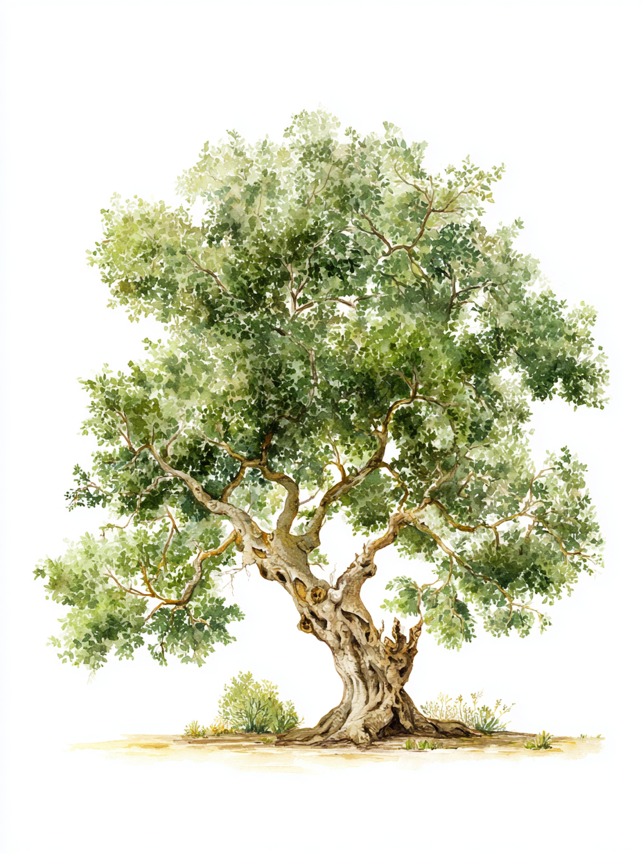 Watercolor illustration of a mature carob tree, Ceratonia siliqua