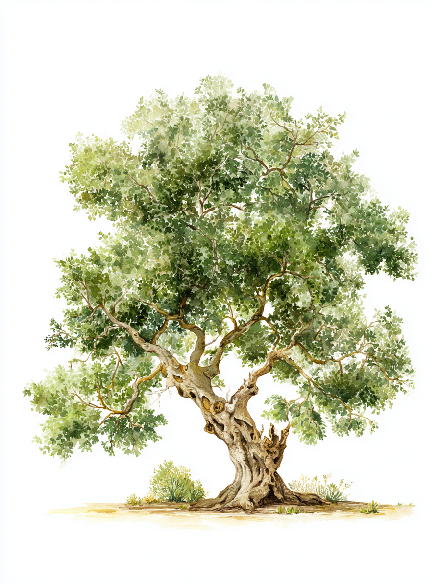Watercolor illustration of a mature carob tree, Ceratonia siliqua