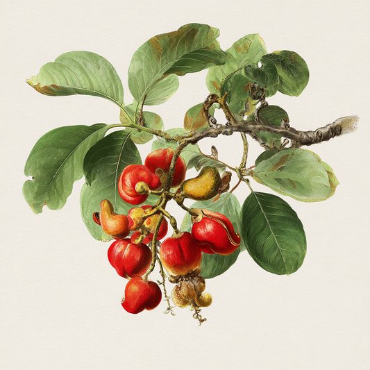 Watercolor botanical illustration of cashew leaves and red cashew apples, Anacardium occidentale