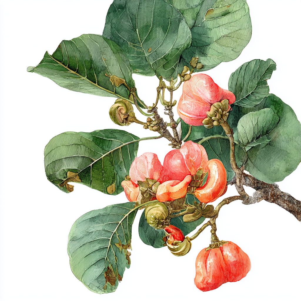 Vintage watercolor illustration of cashew apples and foliage, Anacardium occidentale