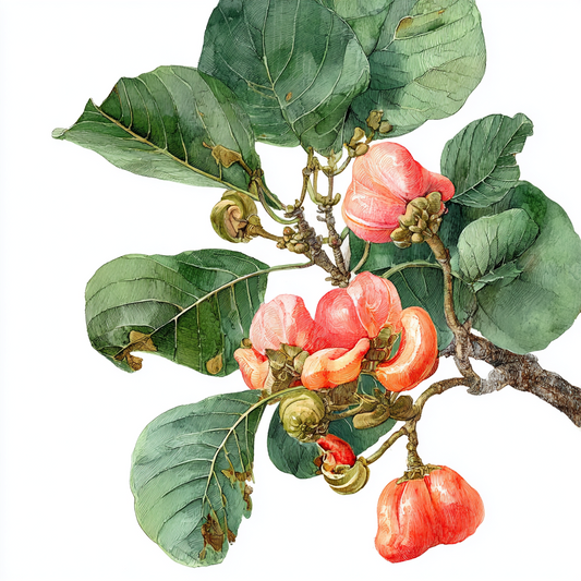 Vintage watercolor illustration of cashew apples and foliage, Anacardium occidentale