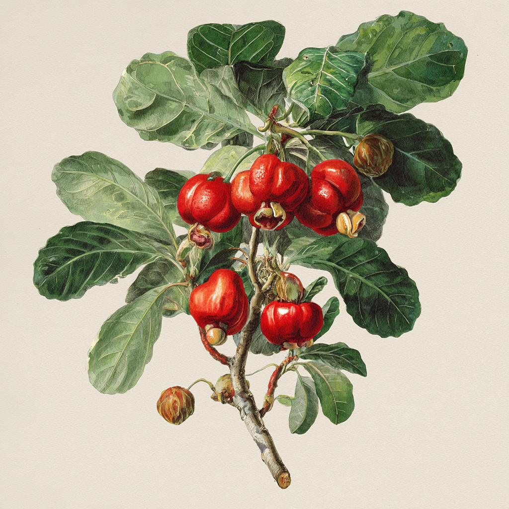 Watercolor botanical illustration of a fruiting cashew branch, Anacardium occidentale