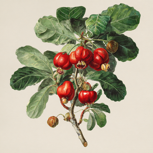 Watercolor botanical illustration of a fruiting cashew branch, Anacardium occidentale