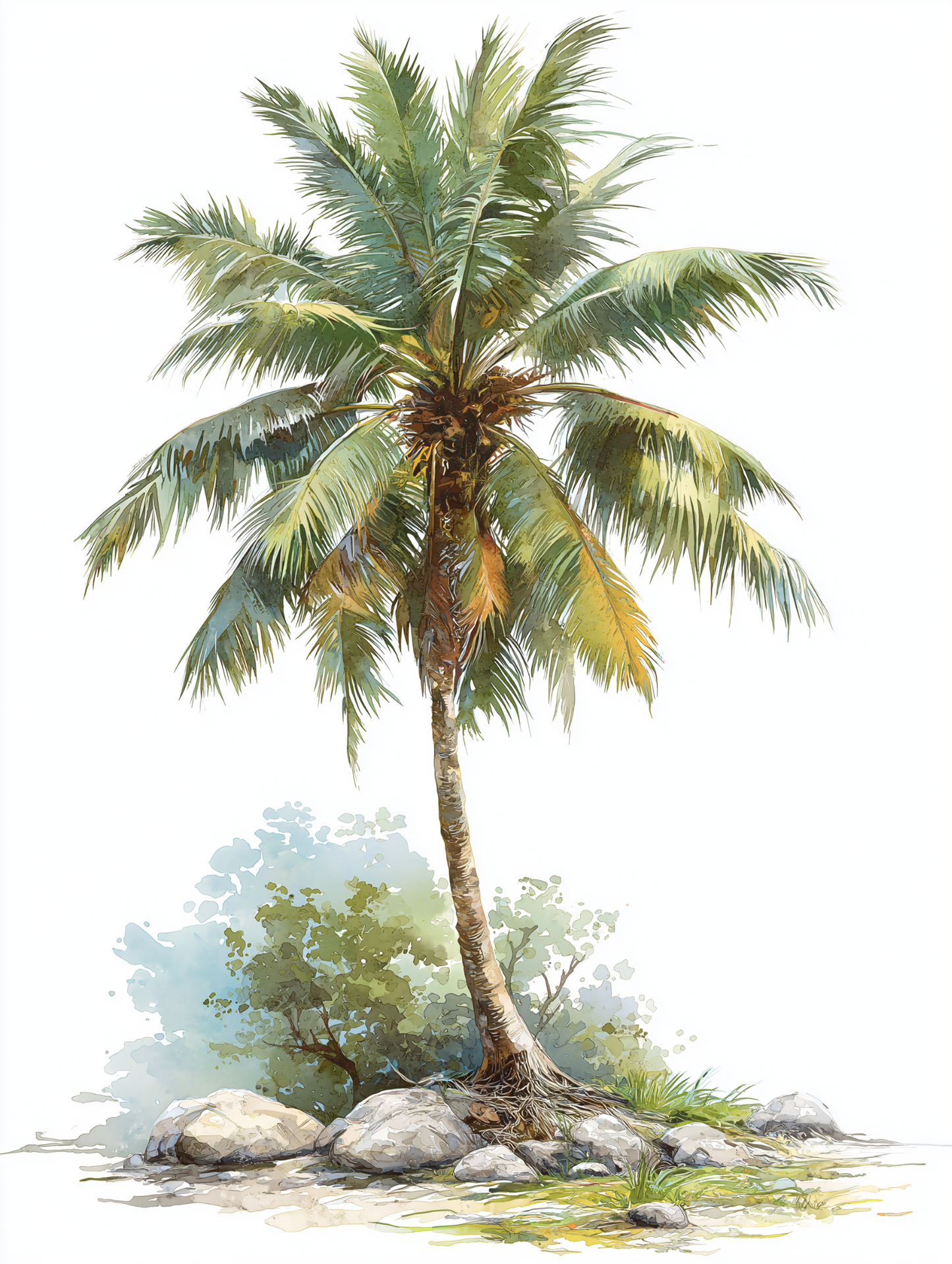 Watercolor illustration of a coconut palm tree, Cocos nucifera