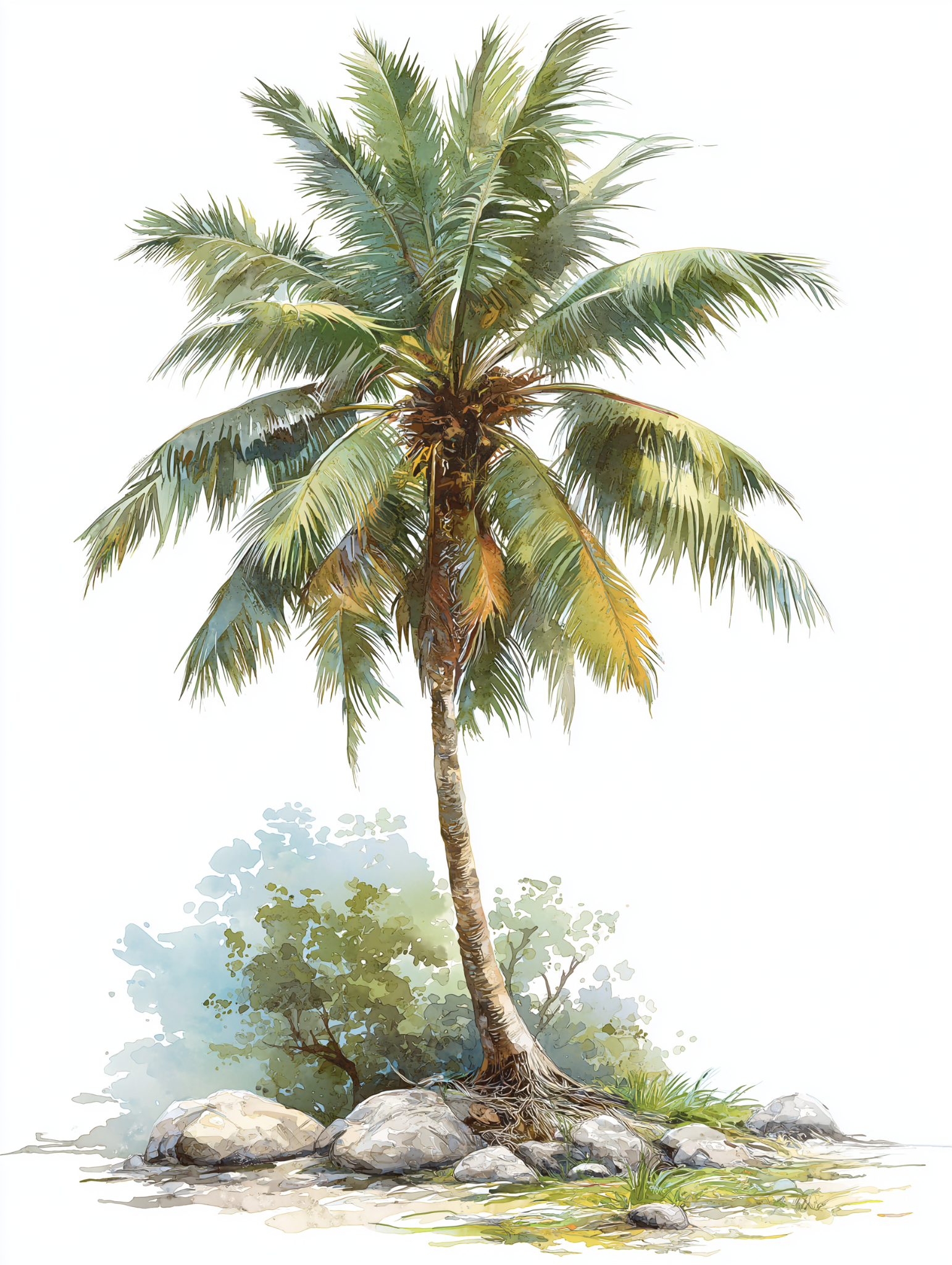 Watercolor illustration of a coconut palm tree, Cocos nucifera