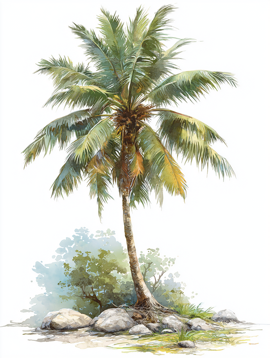 Watercolor illustration of a coconut palm tree, Cocos nucifera
