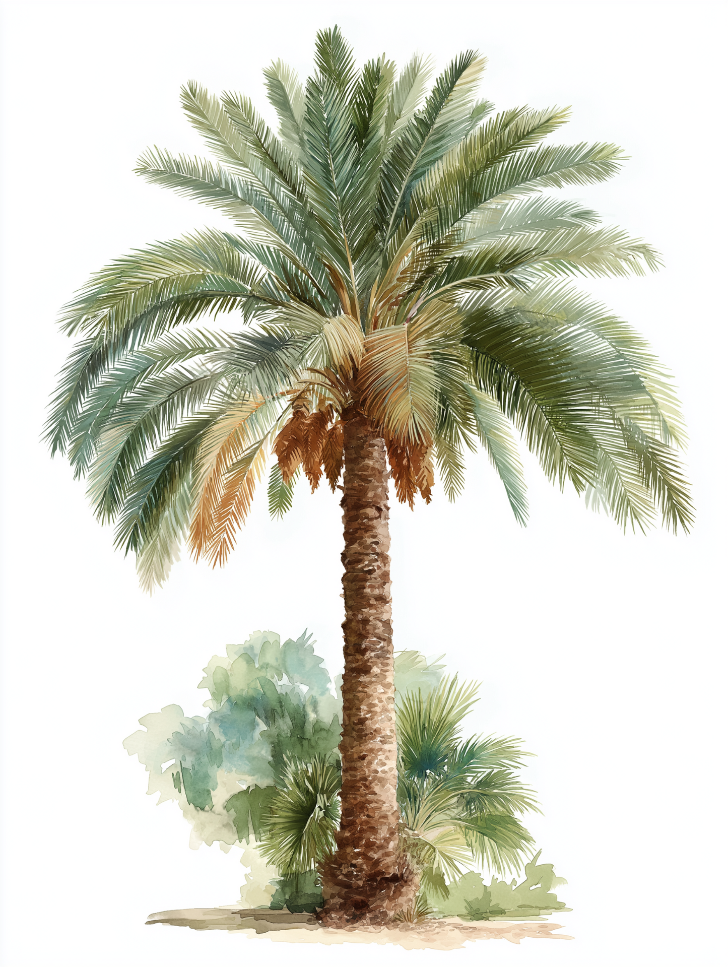 Watercolor illustration of a date palm tree, Phoenix dactylifera