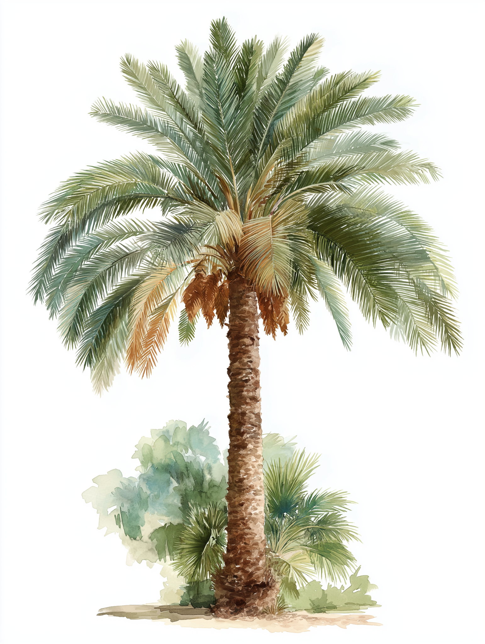 Watercolor illustration of a date palm tree, Phoenix dactylifera