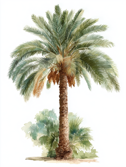 Watercolor illustration of a date palm tree, Phoenix dactylifera