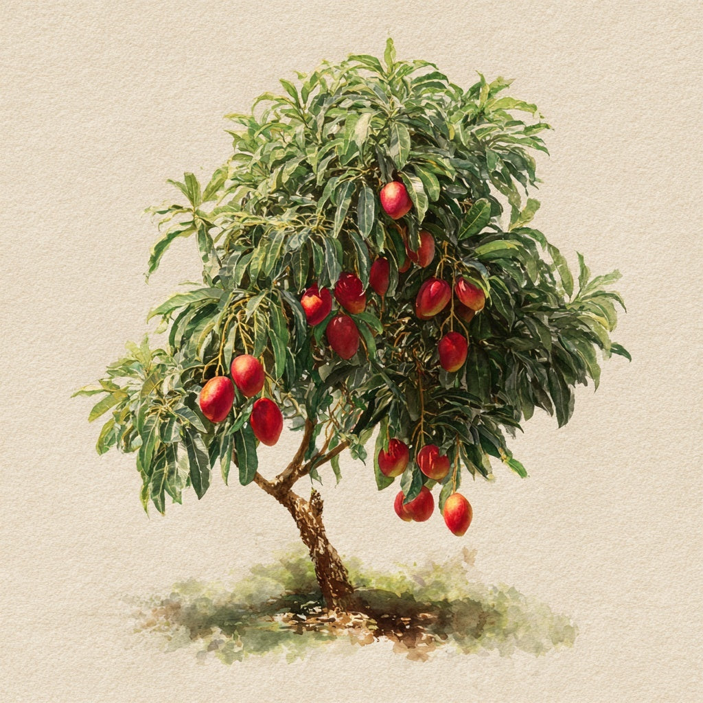 Watercolor illustration of a fruiting mango tree with red mangoes, Mangifera indica