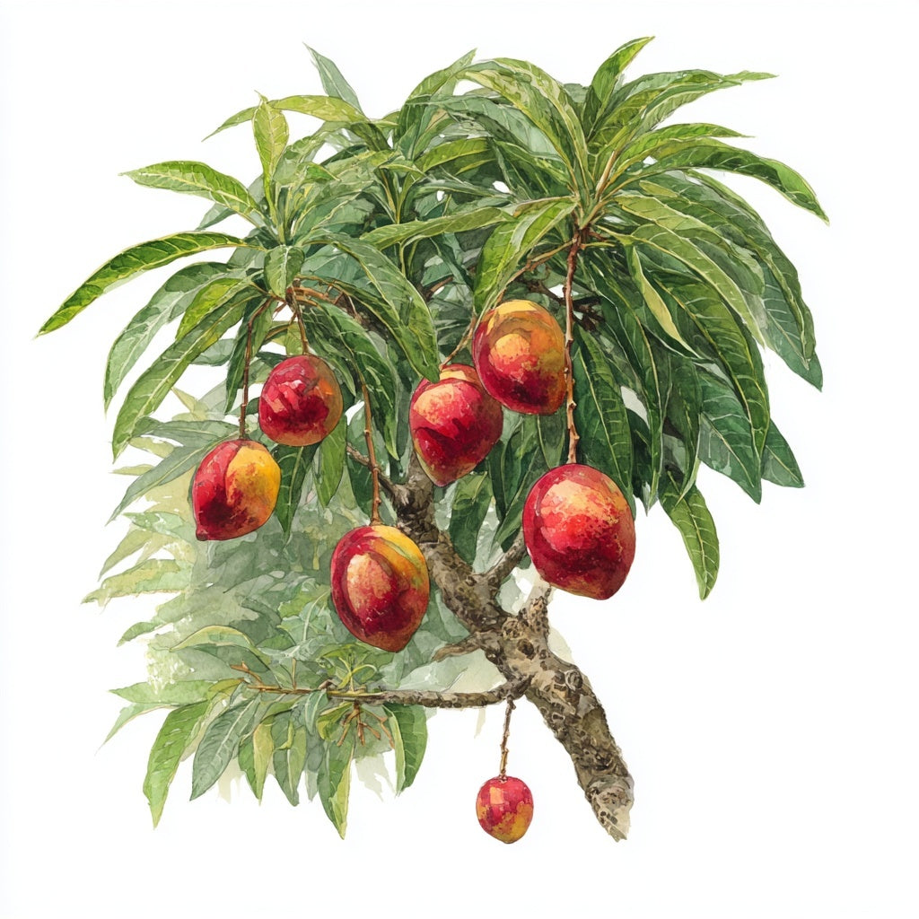 Watercolor botanical illustration of mangoes on a Mangifera indica tree branch
