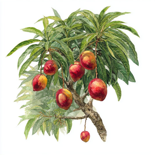 Watercolor botanical illustration of mangoes on a Mangifera indica tree branch