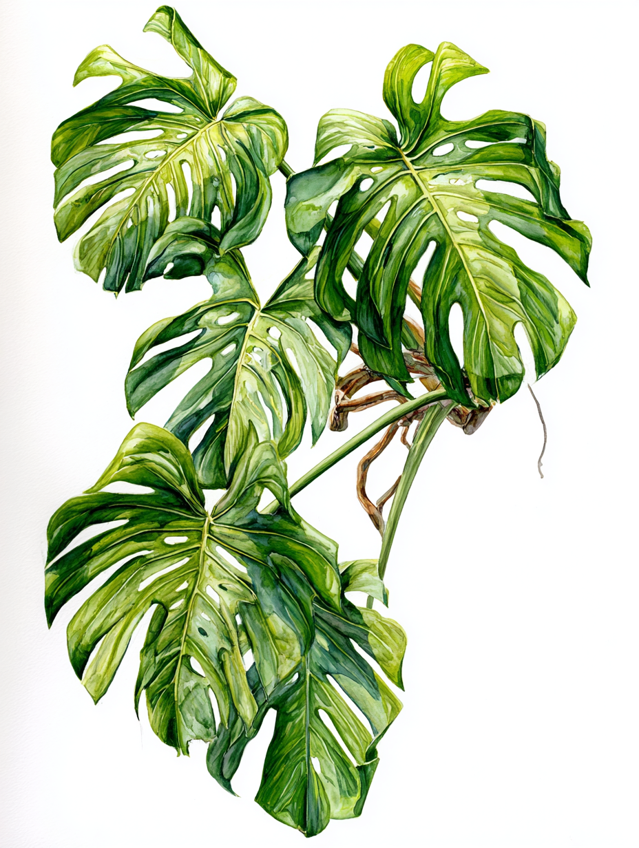 Watercolor illustration of Monstera deliciosa leaves