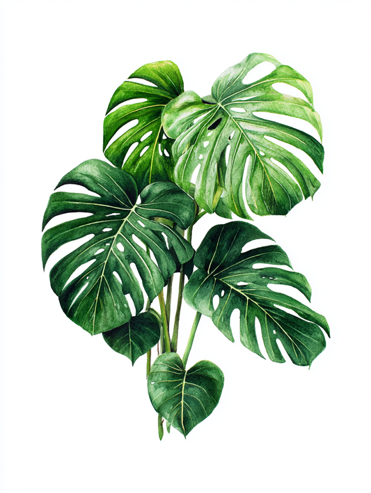 Botanical watercolor illustration of Monstera deliciosa leaves