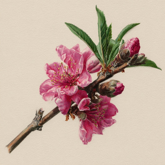 Watercolor botanical illustration of pink peach blossoms, Prunus persica
