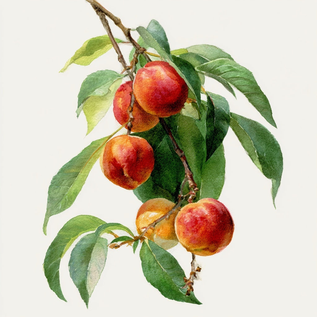 Watercolor illustration of ripe peaches and green leaves on a Prunus persica branch