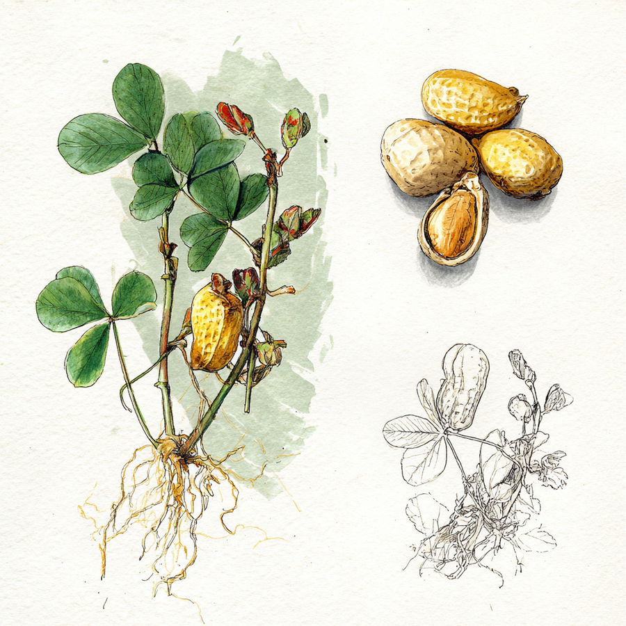 Watercolor botanical study of peanut plant, pods and seeds, Arachis hypogaea