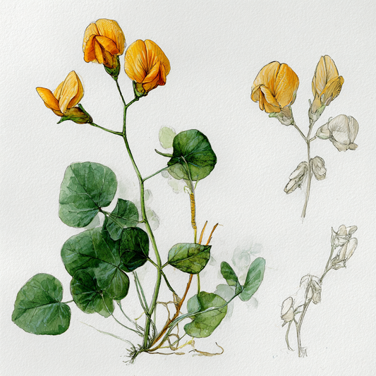 Botanical watercolor study of peanut plant leaves and yellow flowers, Arachis hypogaea