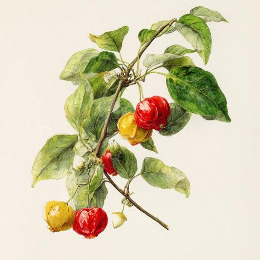 Watercolor illustration of red and yellow pitanga fruit with leaves, Eugenia uniflora