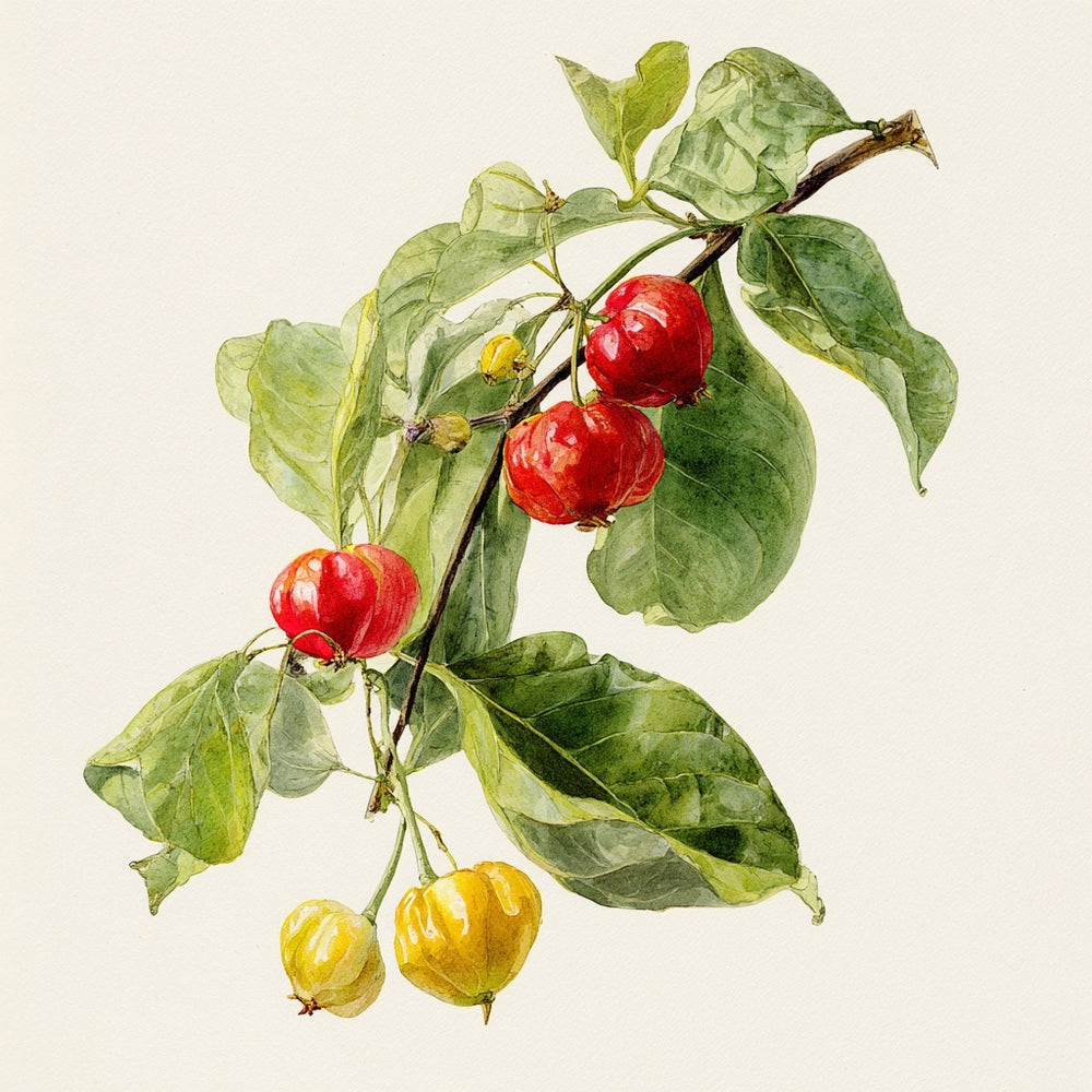 Watercolor botanical illustration of ripe Surinam cherries, Eugenia uniflora