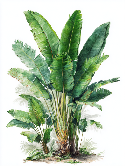 Watercolor illustration of a young traveller's tree, Ravenala madagascariensis
